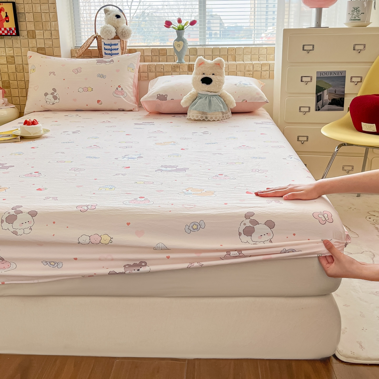 91家纺网 家纺一手货源 找家纺 川悦生活 2026春夏新款双层纱皱皱纱单床笠床笠单件 床笠糖豆小旺