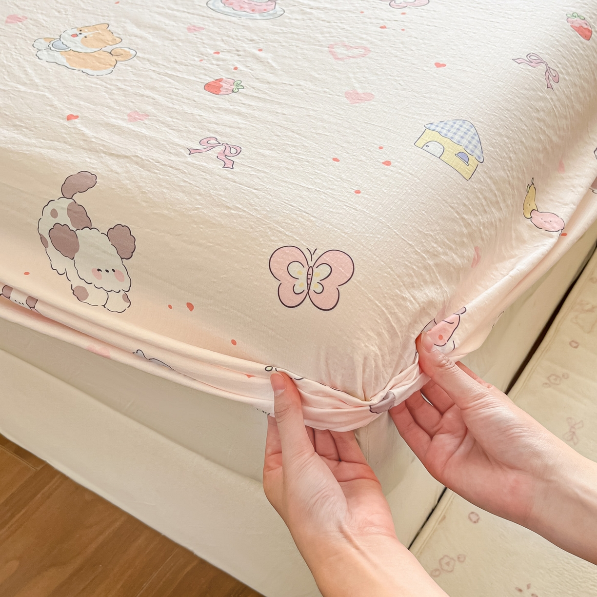 91家纺网 家纺一手货源 找家纺 川悦生活 2026春夏新款双层纱皱皱纱单床笠床笠单件 床笠糖豆小旺