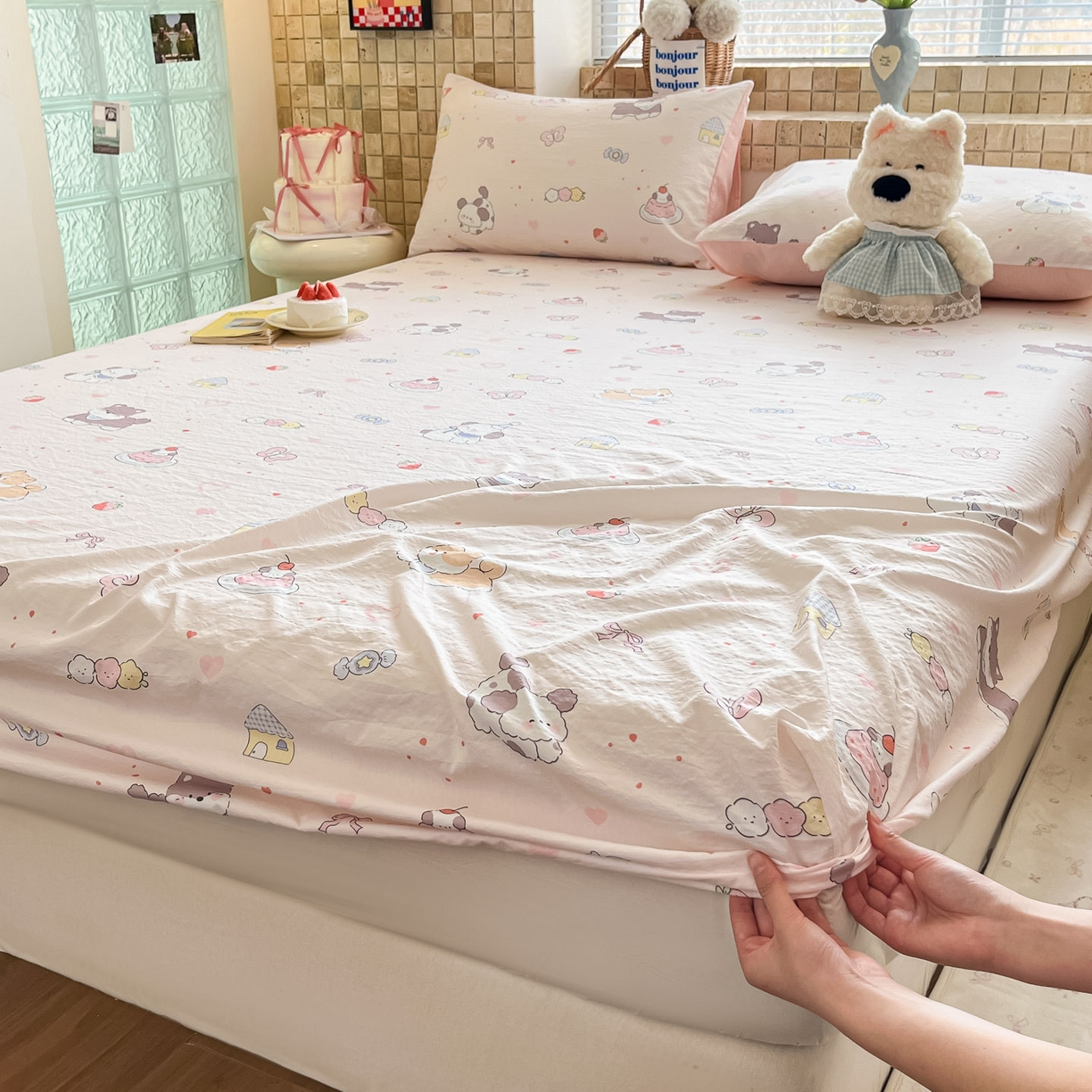 91家纺网 家纺一手货源 找家纺 川悦生活 2026春夏新款双层纱皱皱纱单床笠床笠单件 床笠糖豆小旺