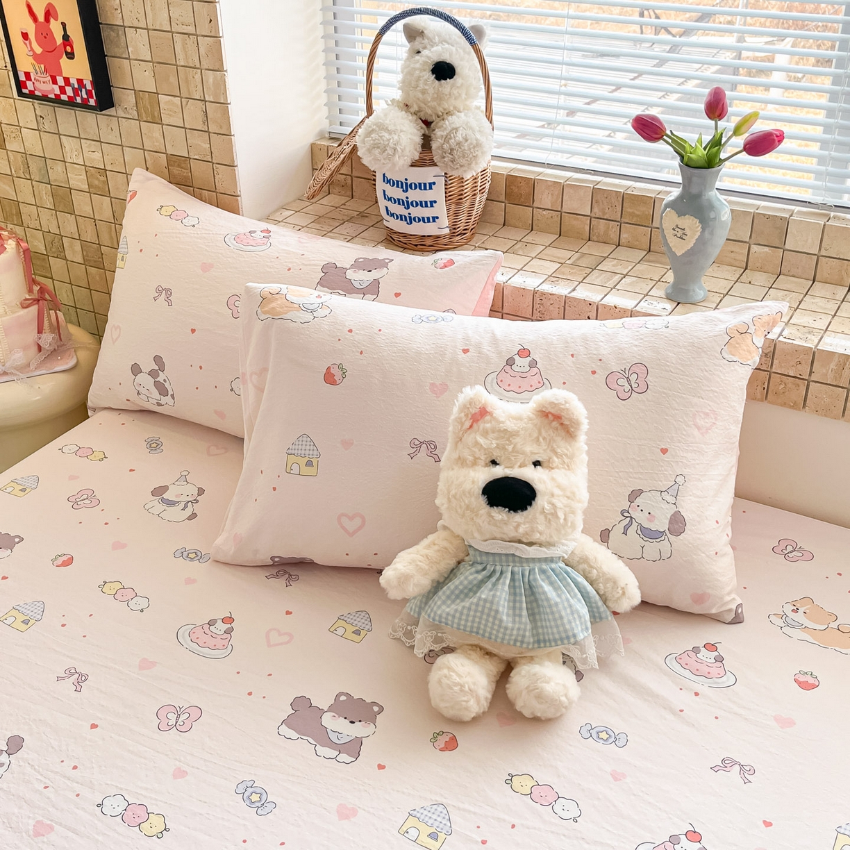 91家纺网 家纺一手货源 找家纺 川悦生活 2026春夏新款双层纱皱皱纱单床笠床笠单件 床笠糖豆小旺