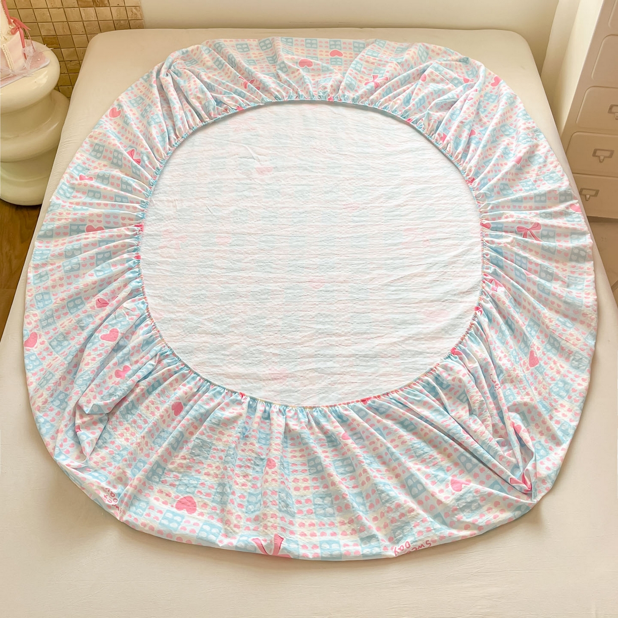 91家纺网 家纺一手货源 找家纺 川悦生活 2026春夏新款双层纱皱皱纱单床笠床笠单件 床笠甜梦心愿