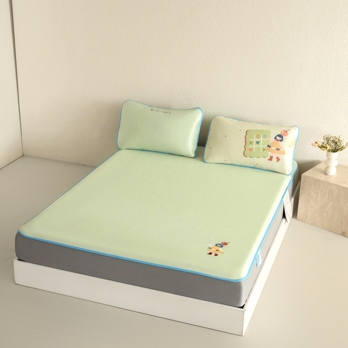 禧禾 2026春夏新款A类600D数码冰丝席凉席席子-冰菓系列 苹果女孩-床笠款