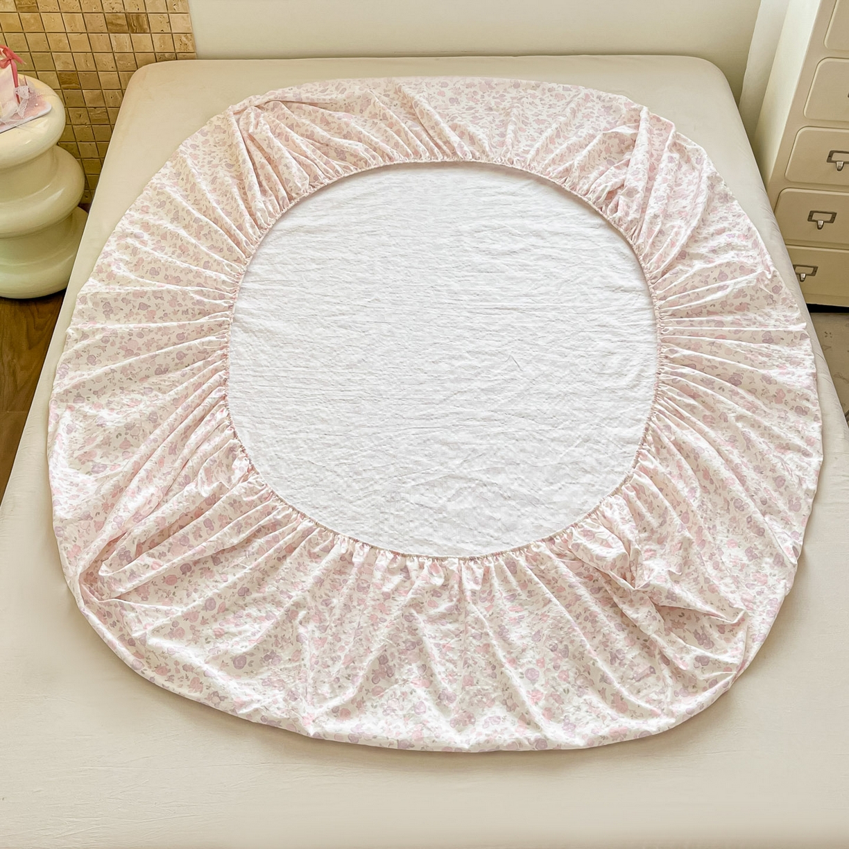 91家纺网 家纺一手货源 找家纺 川悦生活 2026春夏新款双层纱皱皱纱单床笠床笠单件 床笠香芋甜梦