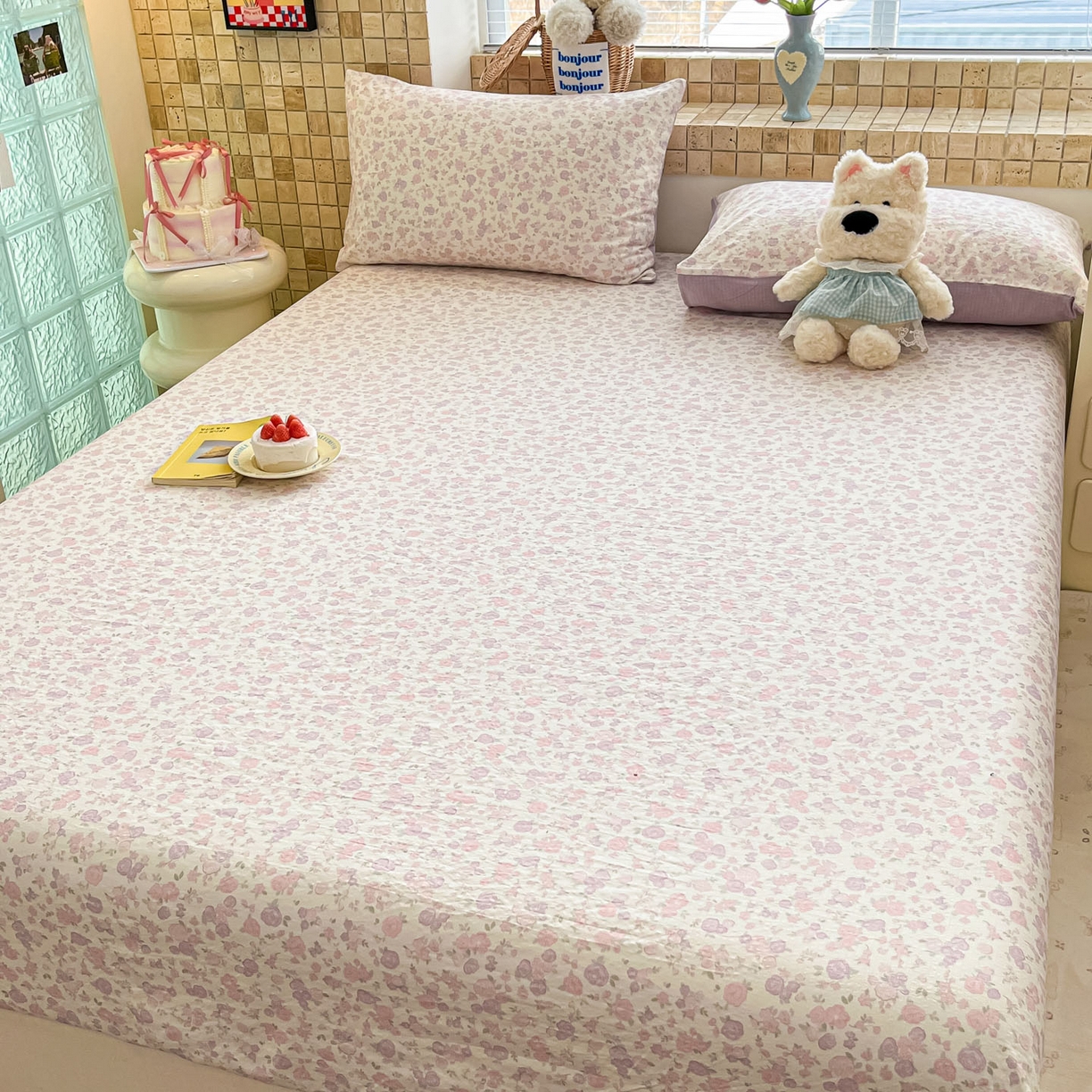 91家纺网 家纺一手货源 找家纺 川悦生活 2026春夏新款双层纱皱皱纱单床笠床笠单件 床笠香芋甜梦