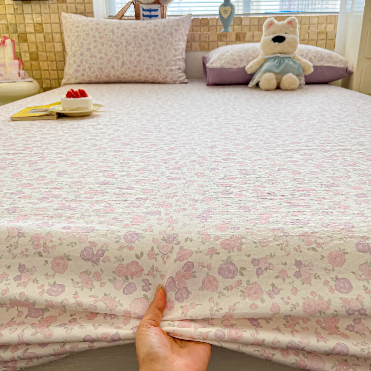 91家纺网 家纺一手货源 找家纺 川悦生活 2026春夏新款双层纱皱皱纱单床笠床笠单件 床笠香芋甜梦