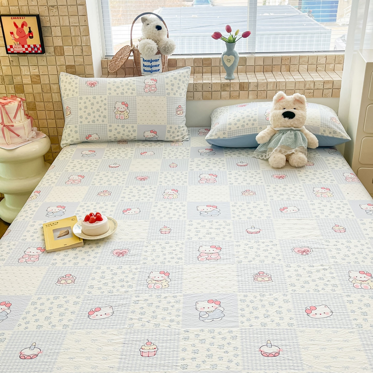 91家纺网 家纺一手货源 找家纺 川悦生活 2026春夏新款双层纱皱皱纱单床笠床笠单件 床笠小猫庄园