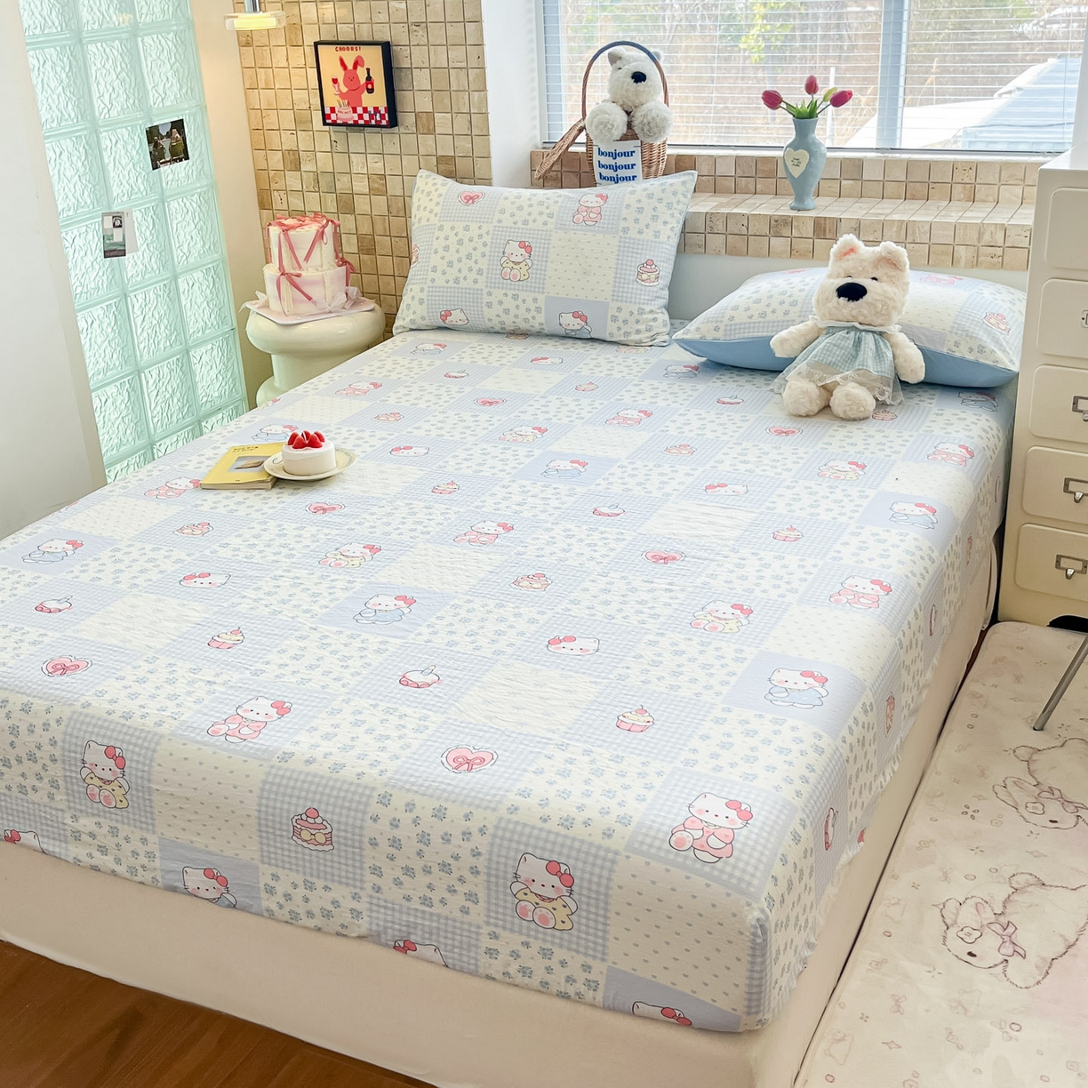 91家纺网 家纺一手货源 找家纺 川悦生活 2026春夏新款双层纱皱皱纱单床笠床笠单件 床笠小猫庄园