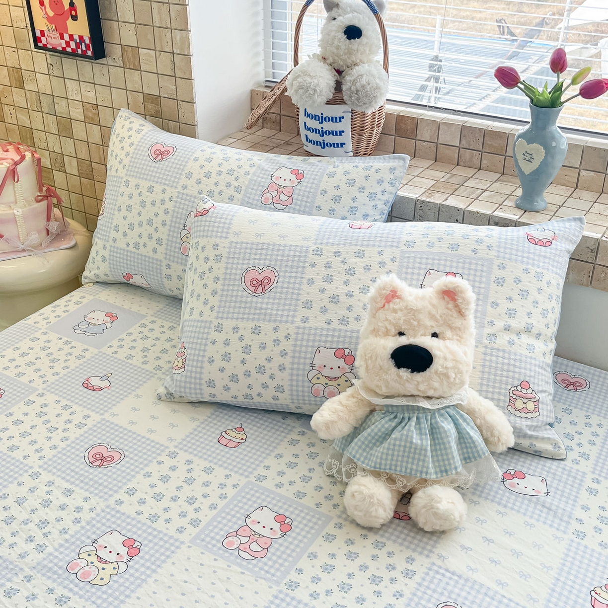 91家纺网 家纺一手货源 找家纺 川悦生活 2026春夏新款双层纱皱皱纱单床笠床笠单件 床笠小猫庄园