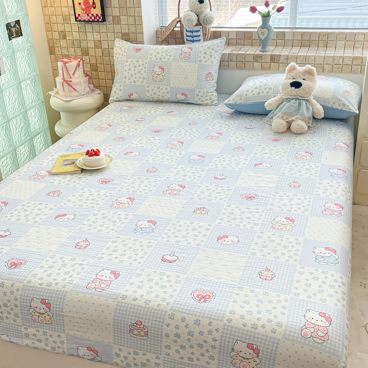 91家纺网 家纺一手货源 找家纺 川悦生活 2026春夏新款双层纱皱皱纱单床笠床笠单件 床笠小猫庄园