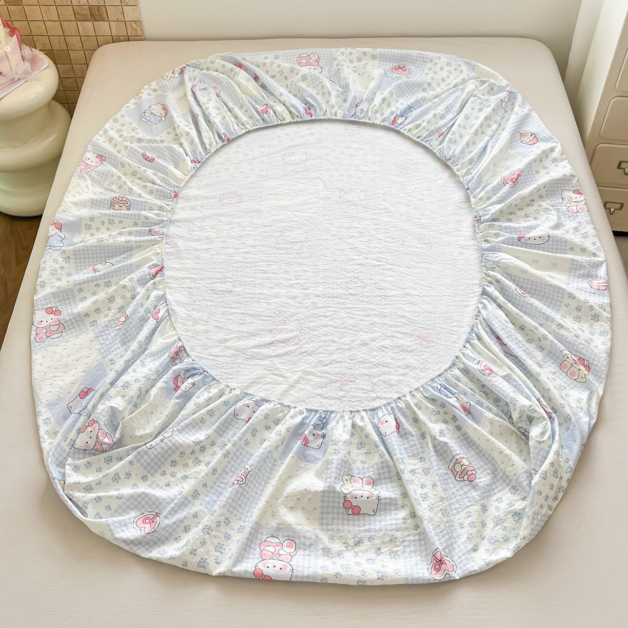 91家纺网 家纺一手货源 找家纺 川悦生活 2026春夏新款双层纱皱皱纱单床笠床笠单件 床笠小猫庄园