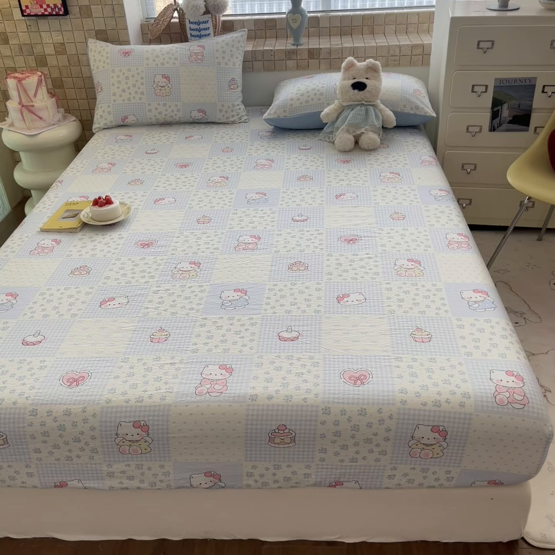 91家纺网 家纺一手货源 找家纺 川悦生活 2026春夏新款双层纱皱皱纱单床笠床笠单件 床笠小猫庄园