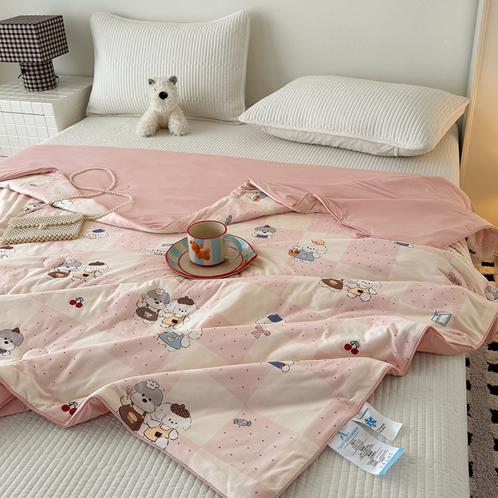 91家纺网 家纺一手货源 找家纺 HL原创 2026春夏新款针织棉小冰皮双感夏被夏凉被空调被 粉色小狗