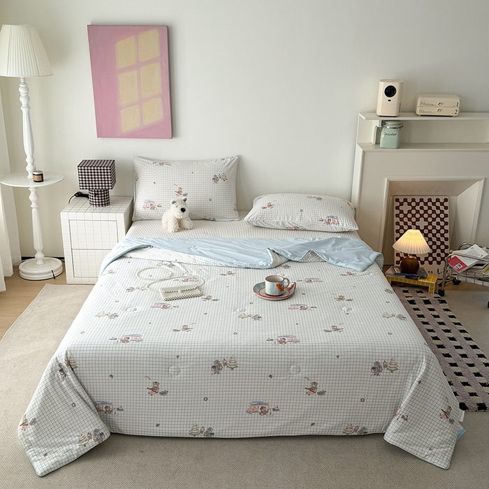 91家纺网 家纺一手货源 找家纺 HL原创 2026春夏新款针织棉小冰皮双感夏被夏凉被空调被 田字格小熊