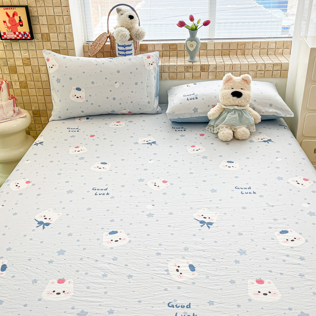 91家纺网 家纺一手货源 找家纺 川悦生活 2026春夏新款双层纱皱皱纱单床笠床笠单件 床笠星星西高地