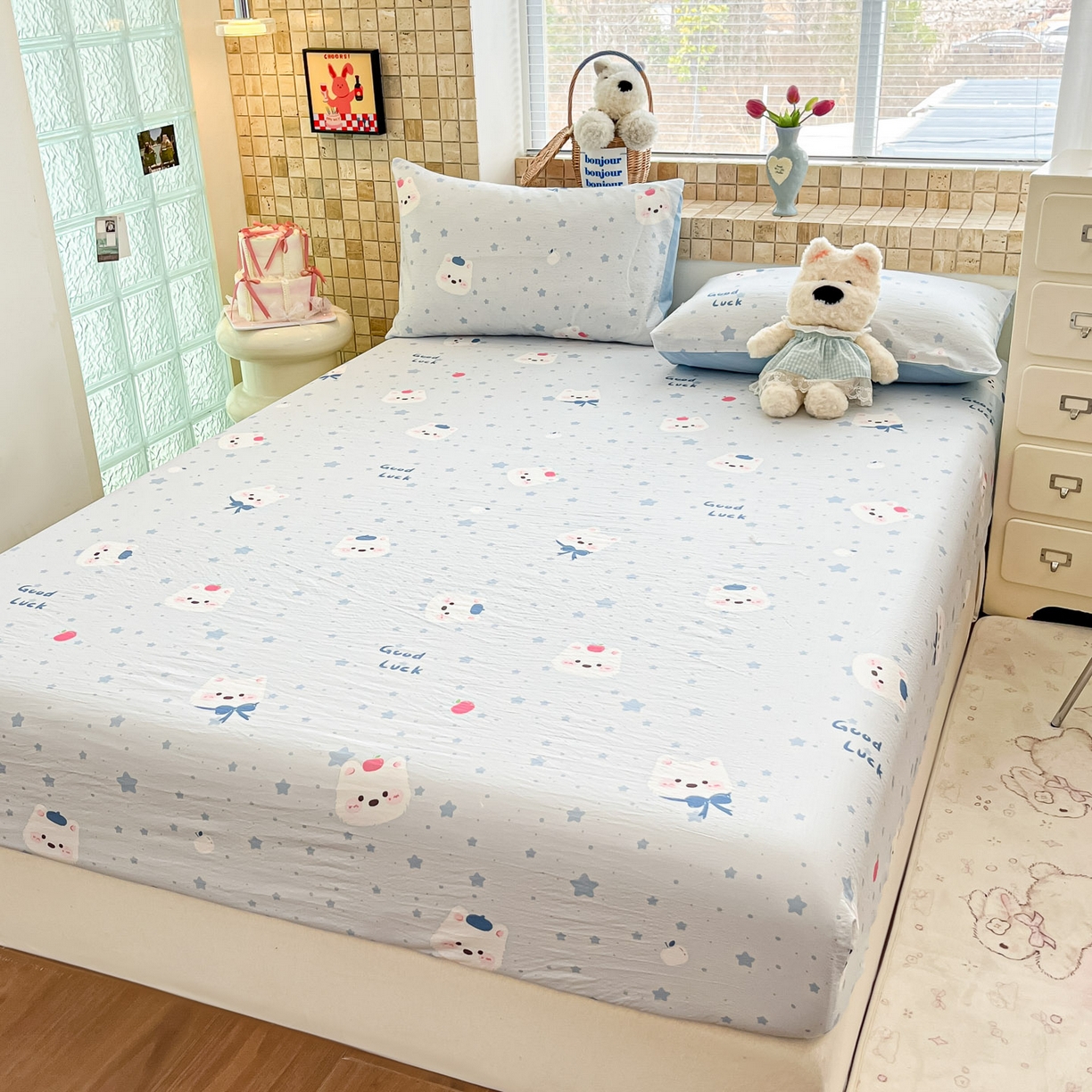 91家纺网 家纺一手货源 找家纺 川悦生活 2026春夏新款双层纱皱皱纱单床笠床笠单件 床笠星星西高地