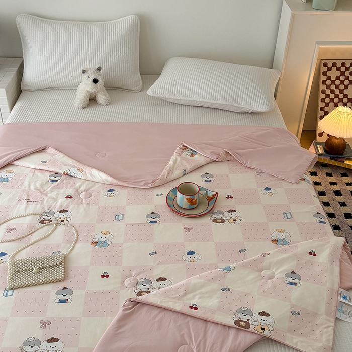 91家纺网 家纺一手货源 找家纺 HL原创 2026春夏新款针织棉小冰皮双感夏被夏凉被空调被 粉色小狗