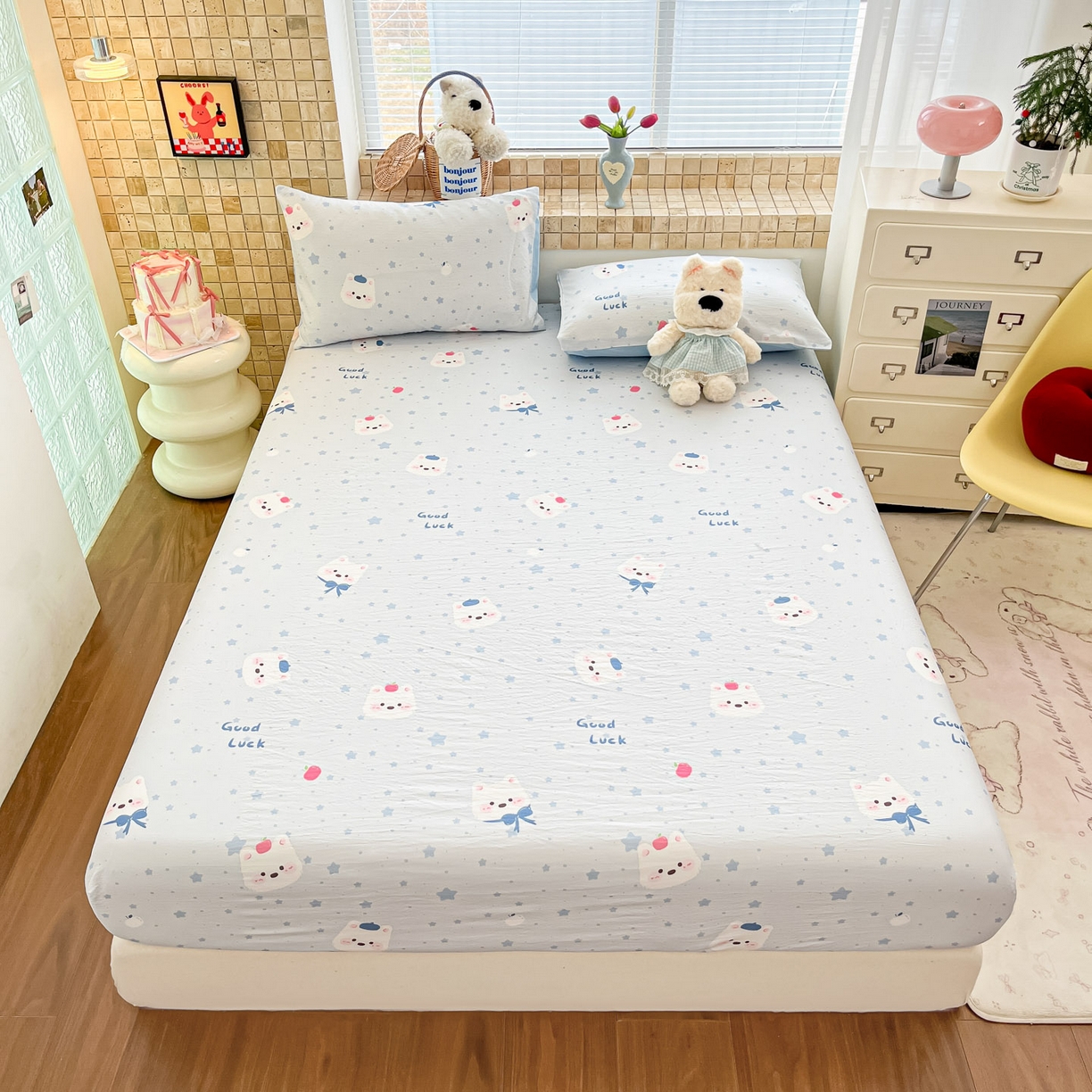 91家纺网 家纺一手货源 找家纺 川悦生活 2026春夏新款双层纱皱皱纱单床笠床笠单件 床笠星星西高地