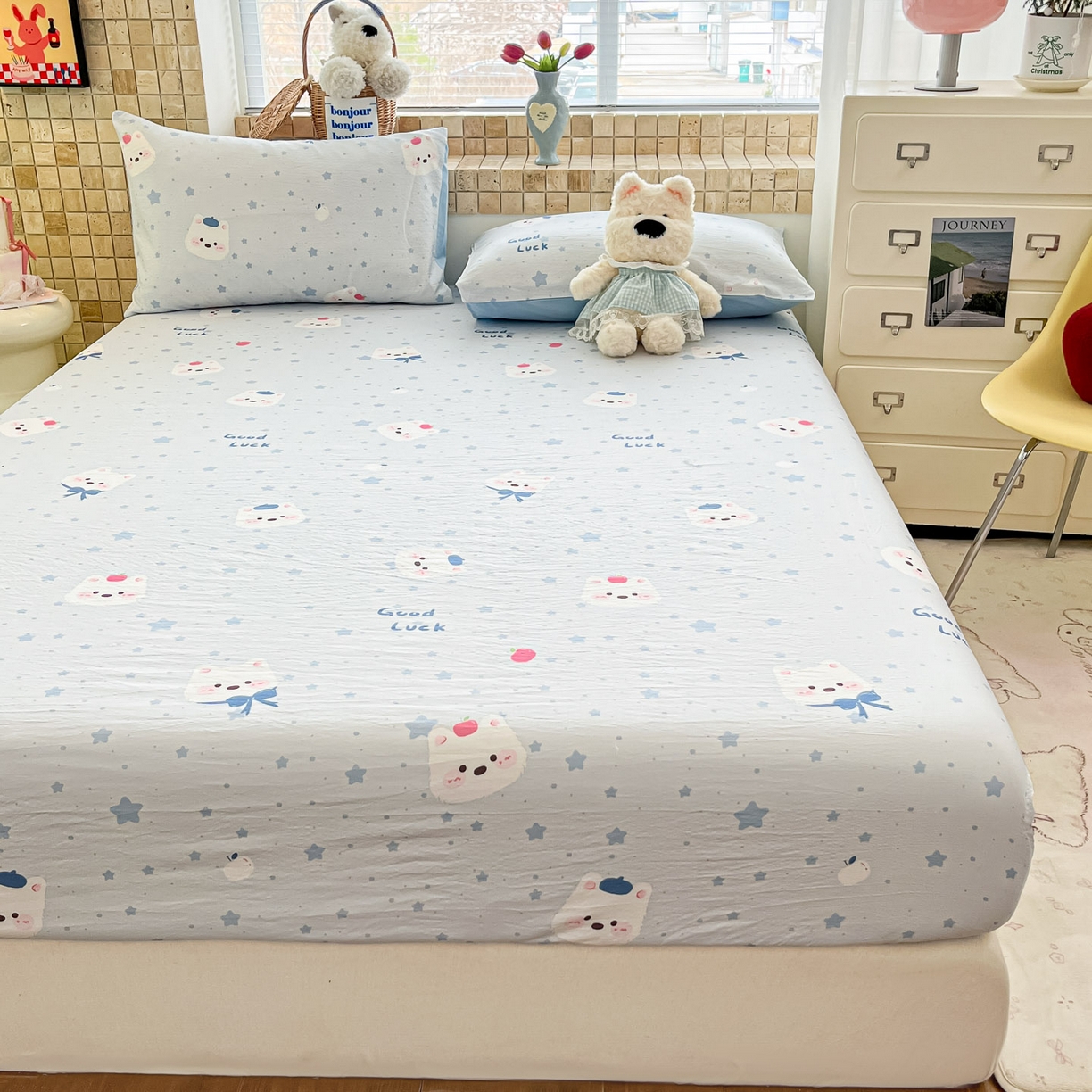 91家纺网 家纺一手货源 找家纺 川悦生活 2026春夏新款双层纱皱皱纱单床笠床笠单件 床笠星星西高地