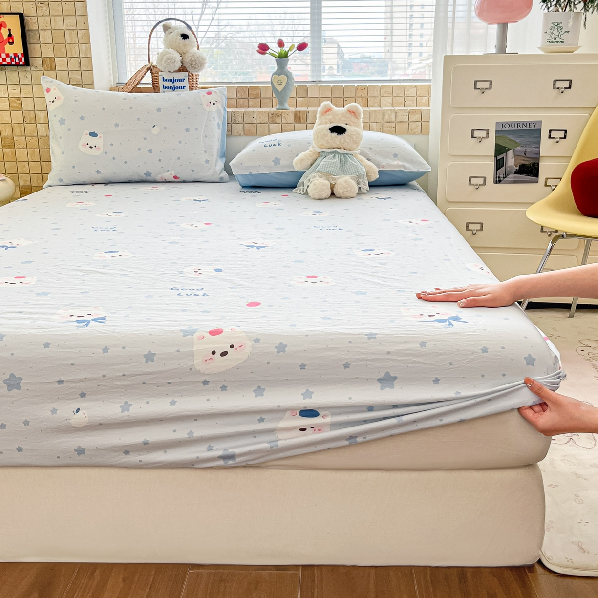 91家纺网 家纺一手货源 找家纺 川悦生活 2026春夏新款双层纱皱皱纱单床笠床笠单件 床笠星星西高地