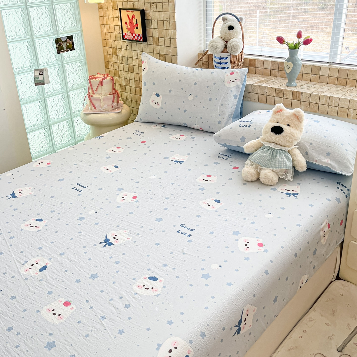 91家纺网 家纺一手货源 找家纺 川悦生活 2026春夏新款双层纱皱皱纱单床笠床笠单件 床笠星星西高地