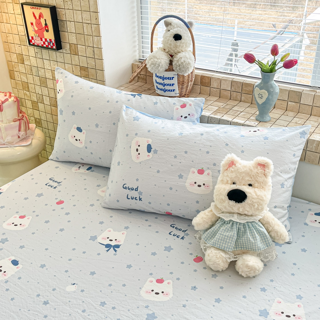 91家纺网 家纺一手货源 找家纺 川悦生活 2026春夏新款双层纱皱皱纱单床笠床笠单件 床笠星星西高地