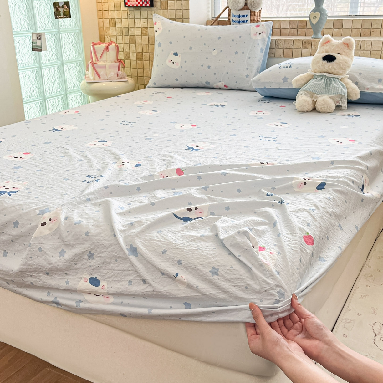 91家纺网 家纺一手货源 找家纺 川悦生活 2026春夏新款双层纱皱皱纱单床笠床笠单件 床笠星星西高地