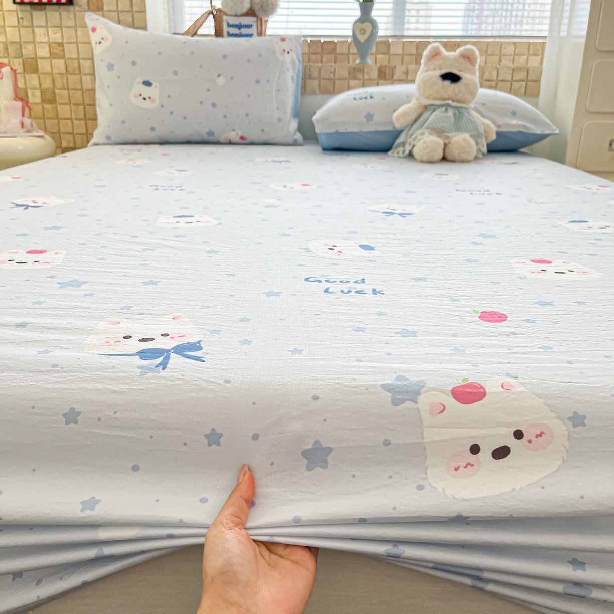 91家纺网 家纺一手货源 找家纺 川悦生活 2026春夏新款双层纱皱皱纱单床笠床笠单件 床笠星星西高地