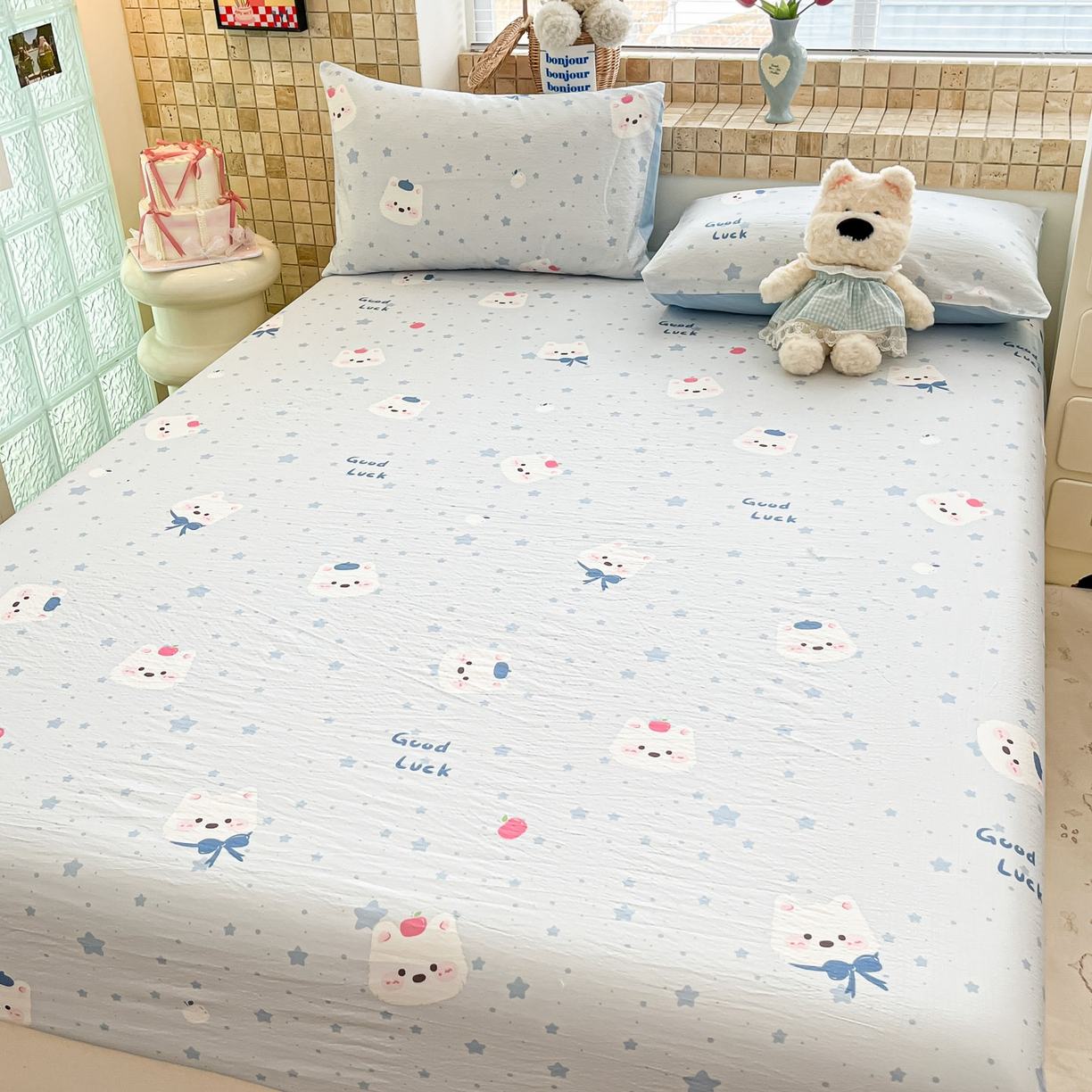 91家纺网 家纺一手货源 找家纺 川悦生活 2026春夏新款双层纱皱皱纱单床笠床笠单件 床笠星星西高地