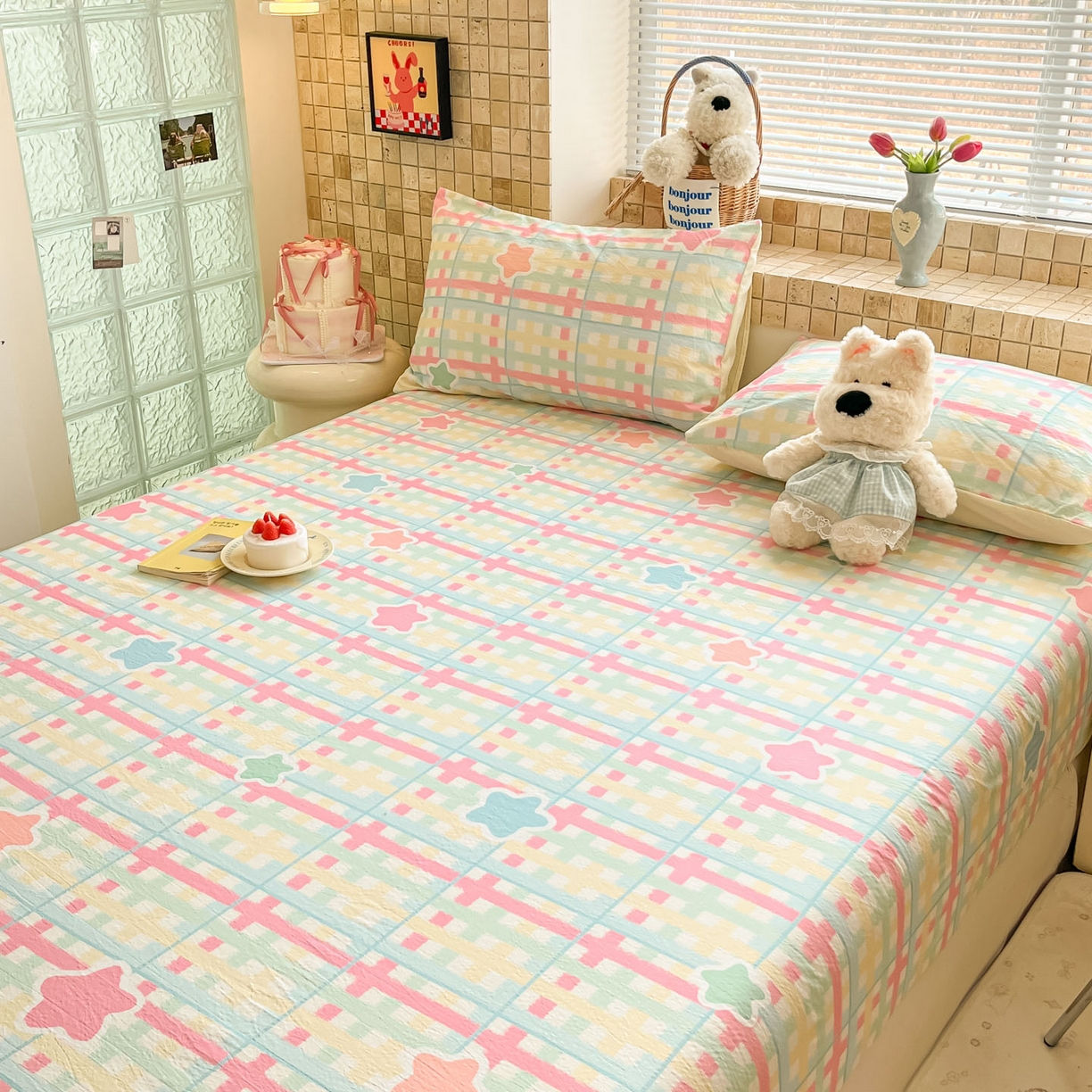 91家纺网 家纺一手货源 找家纺 川悦生活 2026春夏新款双层纱皱皱纱单床笠床笠单件 床笠杏仁小星星