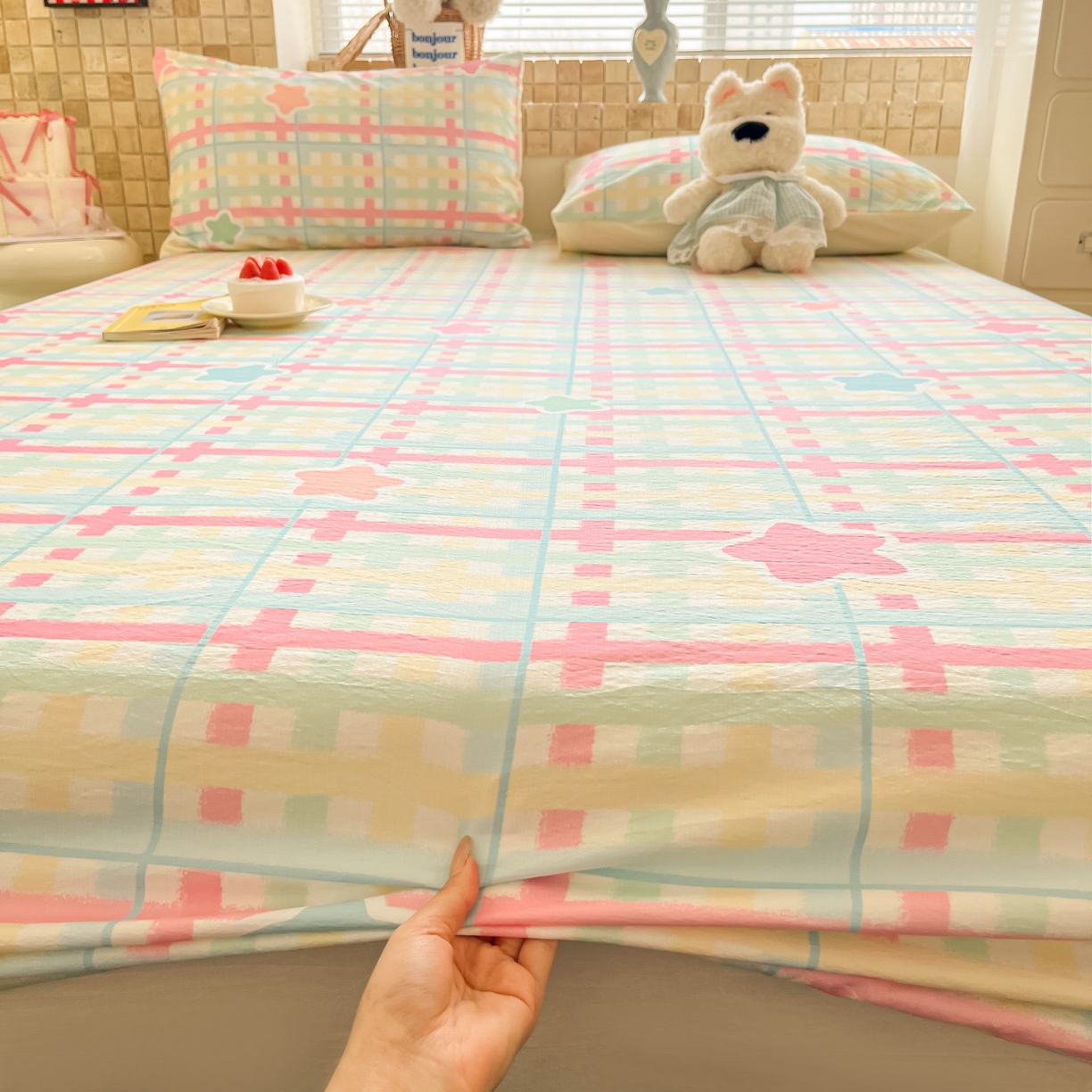 91家纺网 家纺一手货源 找家纺 川悦生活 2026春夏新款双层纱皱皱纱单床笠床笠单件 床笠杏仁小星星