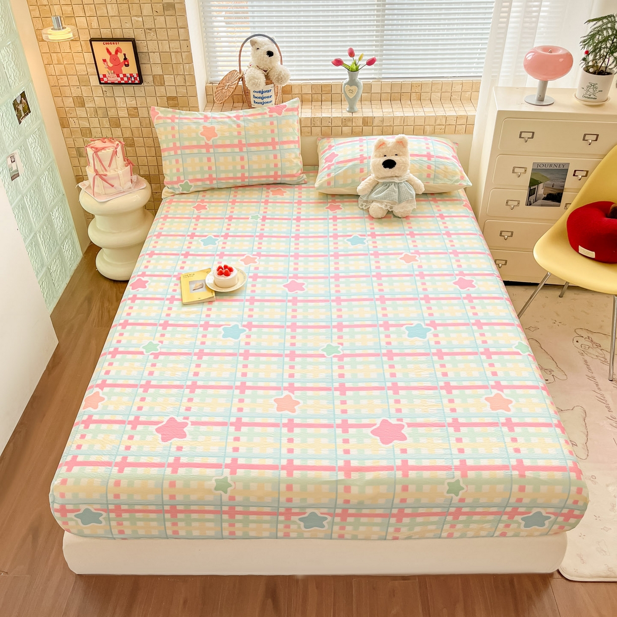 91家纺网 家纺一手货源 找家纺 川悦生活 2026春夏新款双层纱皱皱纱单床笠床笠单件 床笠杏仁小星星