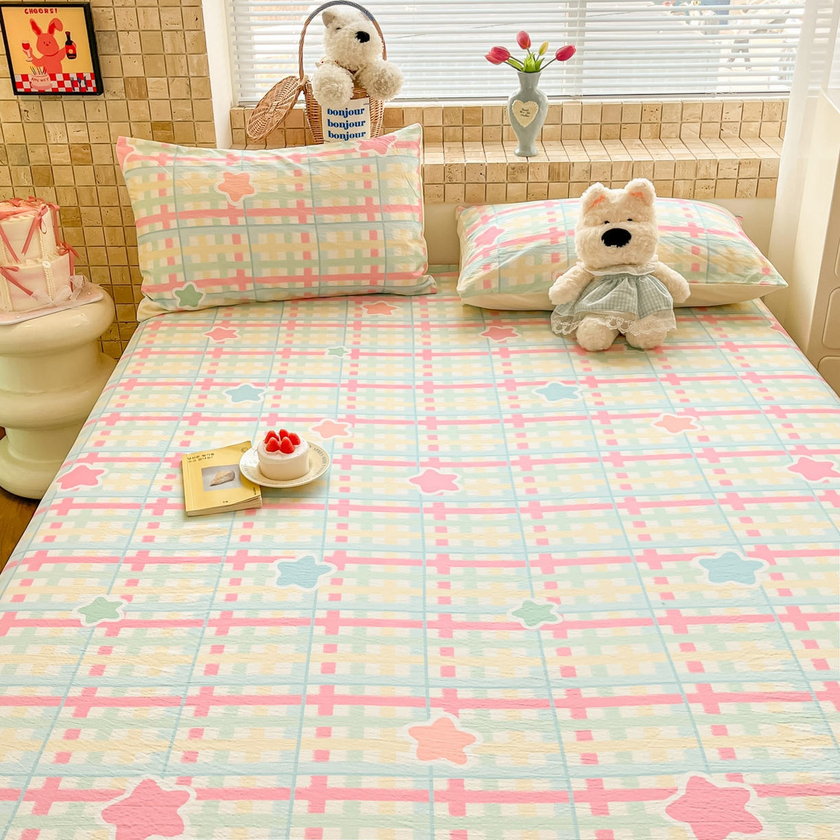 91家纺网 家纺一手货源 找家纺 川悦生活 2026春夏新款双层纱皱皱纱单床笠床笠单件 床笠杏仁小星星