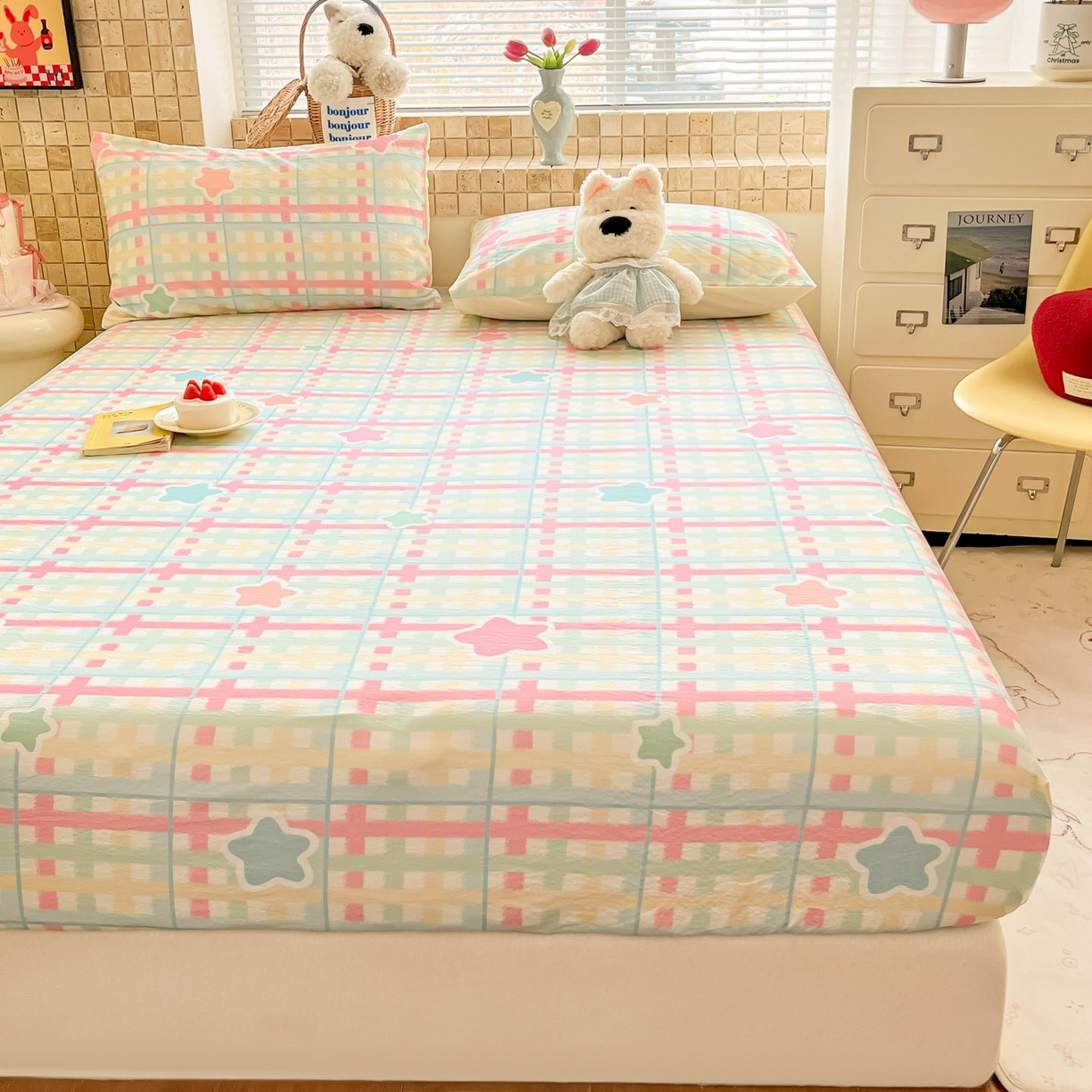 91家纺网 家纺一手货源 找家纺 川悦生活 2026春夏新款双层纱皱皱纱单床笠床笠单件 床笠杏仁小星星