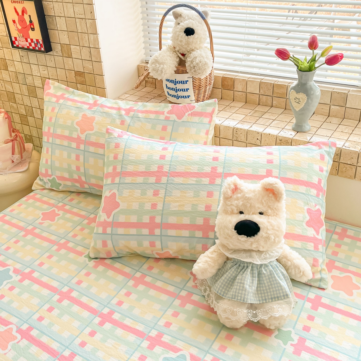 91家纺网 家纺一手货源 找家纺 川悦生活 2026春夏新款双层纱皱皱纱单床笠床笠单件 床笠杏仁小星星