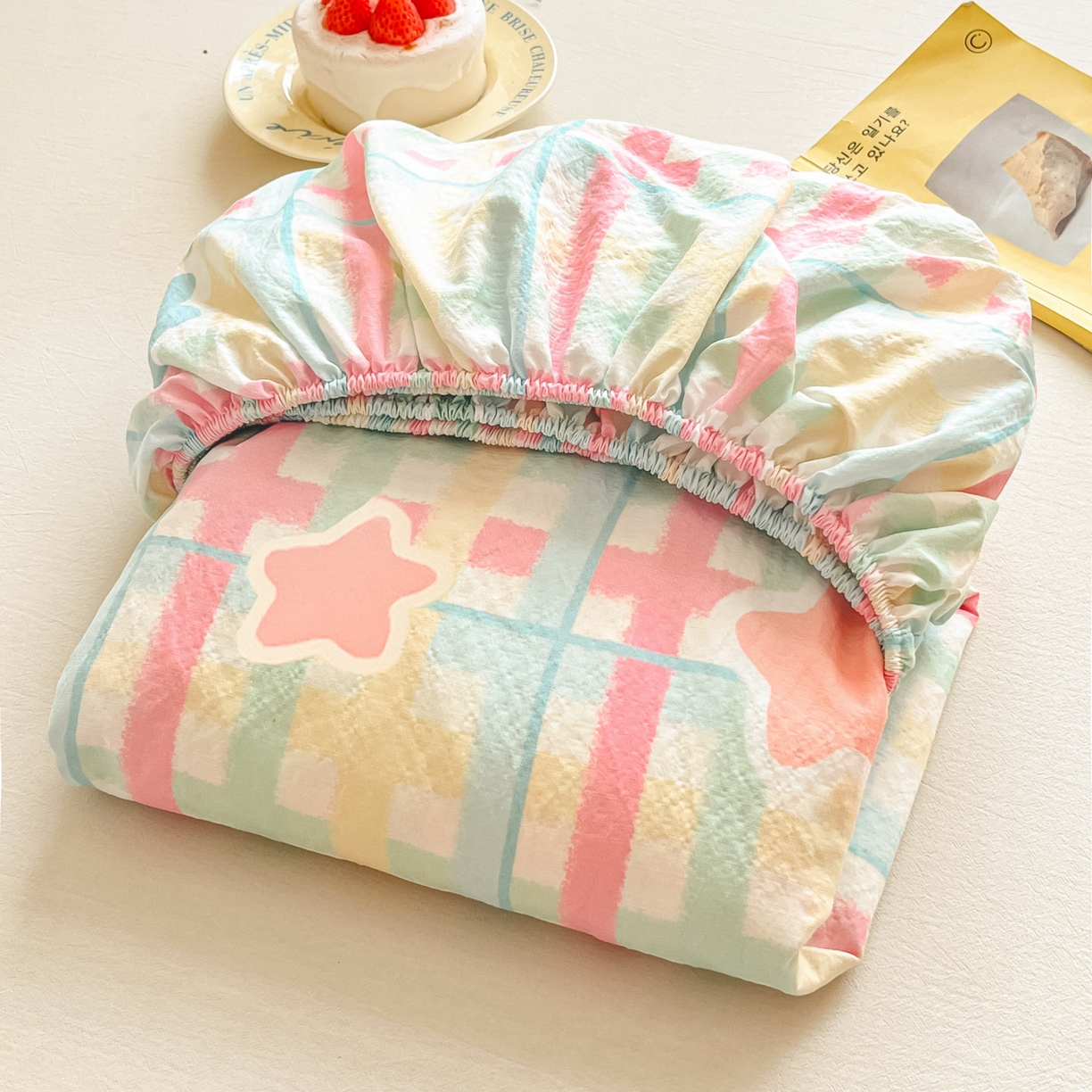 91家纺网 家纺一手货源 找家纺 川悦生活 2026春夏新款双层纱皱皱纱单床笠床笠单件 床笠杏仁小星星