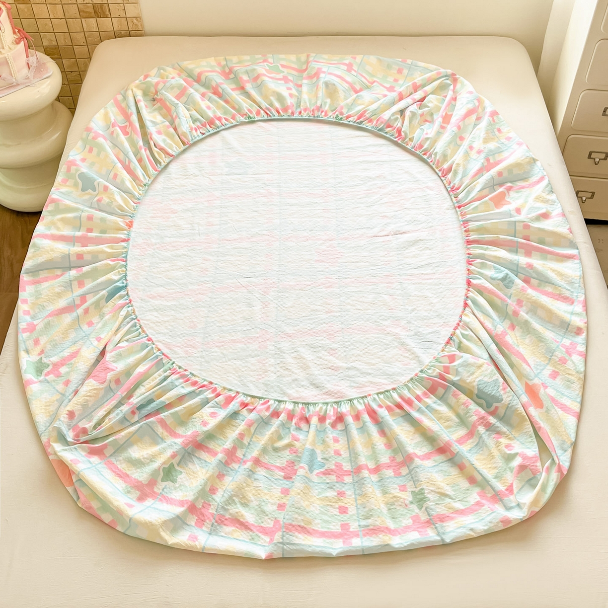 91家纺网 家纺一手货源 找家纺 川悦生活 2026春夏新款双层纱皱皱纱单床笠床笠单件 床笠杏仁小星星