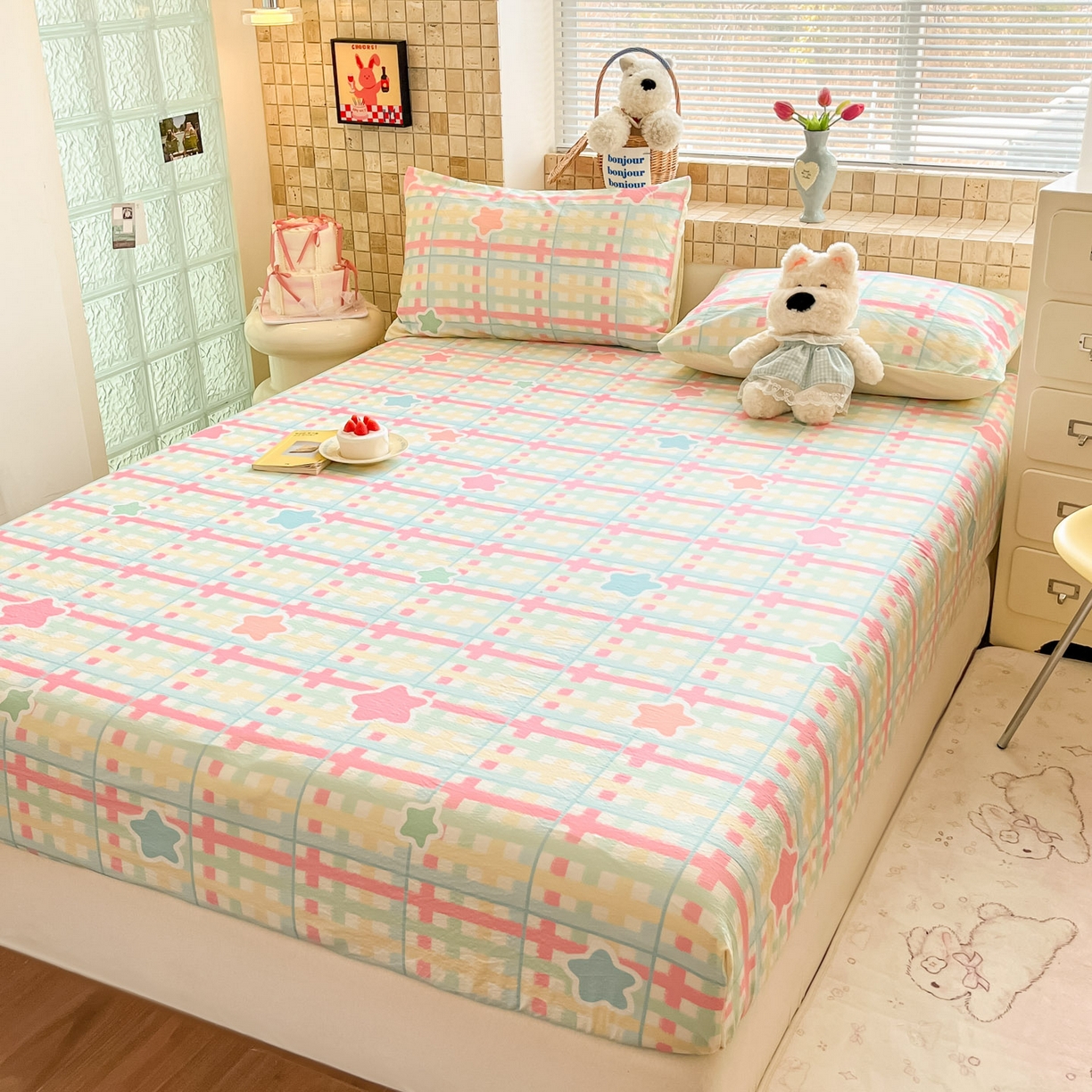 91家纺网 家纺一手货源 找家纺 川悦生活 2026春夏新款双层纱皱皱纱单床笠床笠单件 床笠杏仁小星星