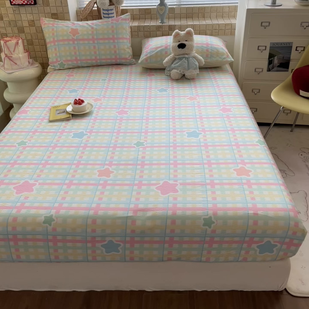 91家纺网 家纺一手货源 找家纺 川悦生活 2026春夏新款双层纱皱皱纱单床笠床笠单件 床笠杏仁小星星