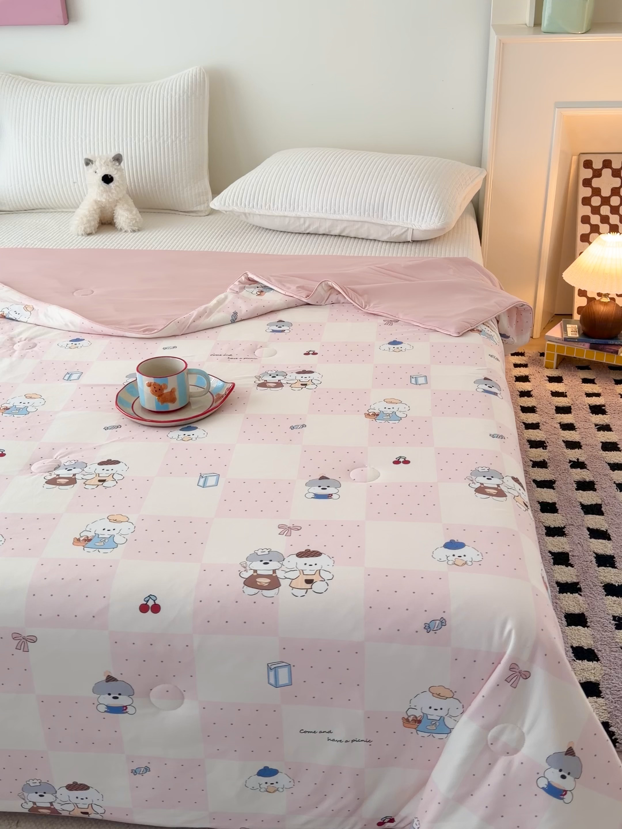 91家纺网 家纺一手货源 找家纺 HL原创 2026春夏新款针织棉小冰皮双感夏被夏凉被空调被 粉色小狗