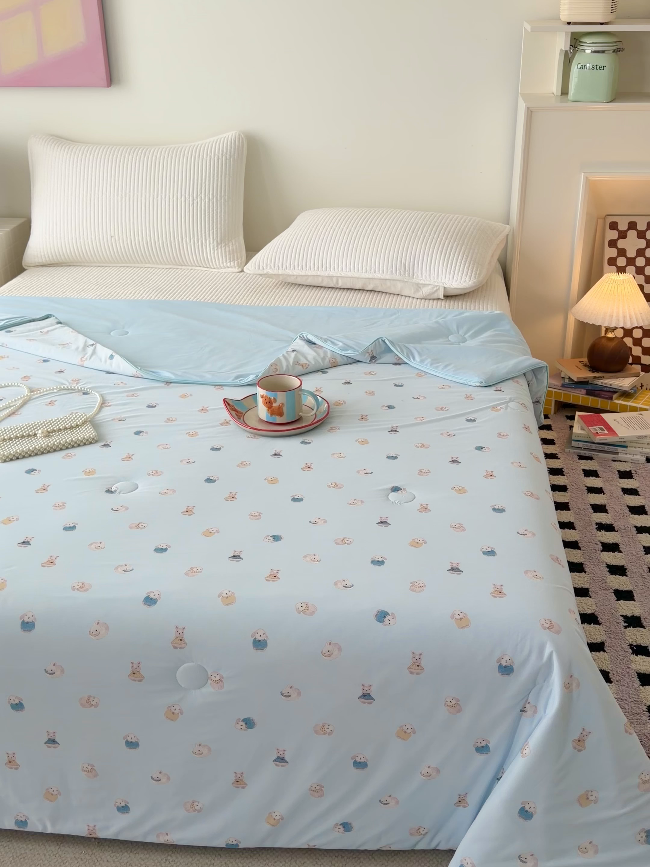 91家纺网 家纺一手货源 找家纺 HL原创 2026春夏新款双面小冰皮夏被夏凉被空调被 芭比兔-蓝