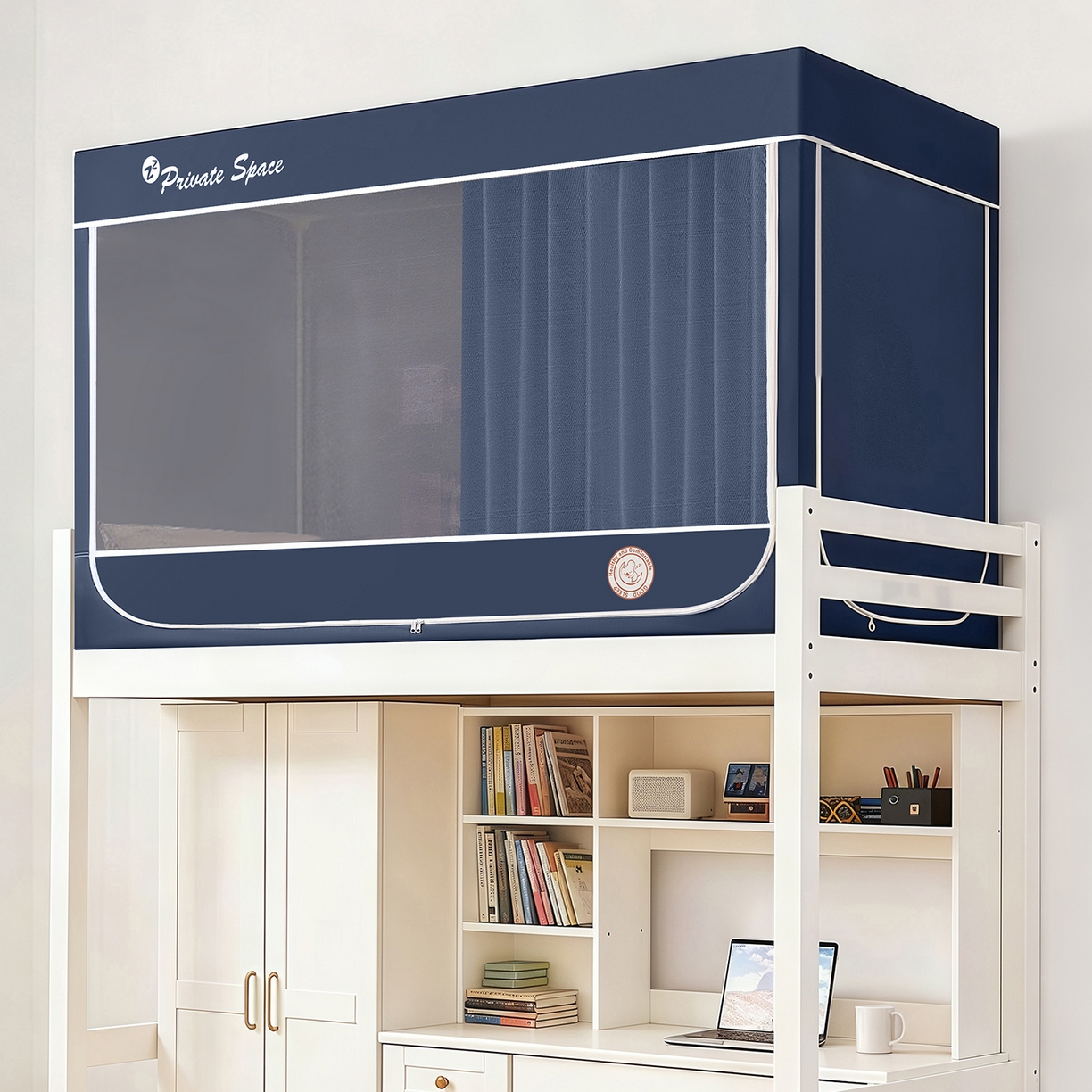 91家纺网 家纺一手货源 找家纺 壹和 2026新款纯物理无涂层无覆膜款遮光防蚊学生坐床蚊帐（场景二） 靛蓝