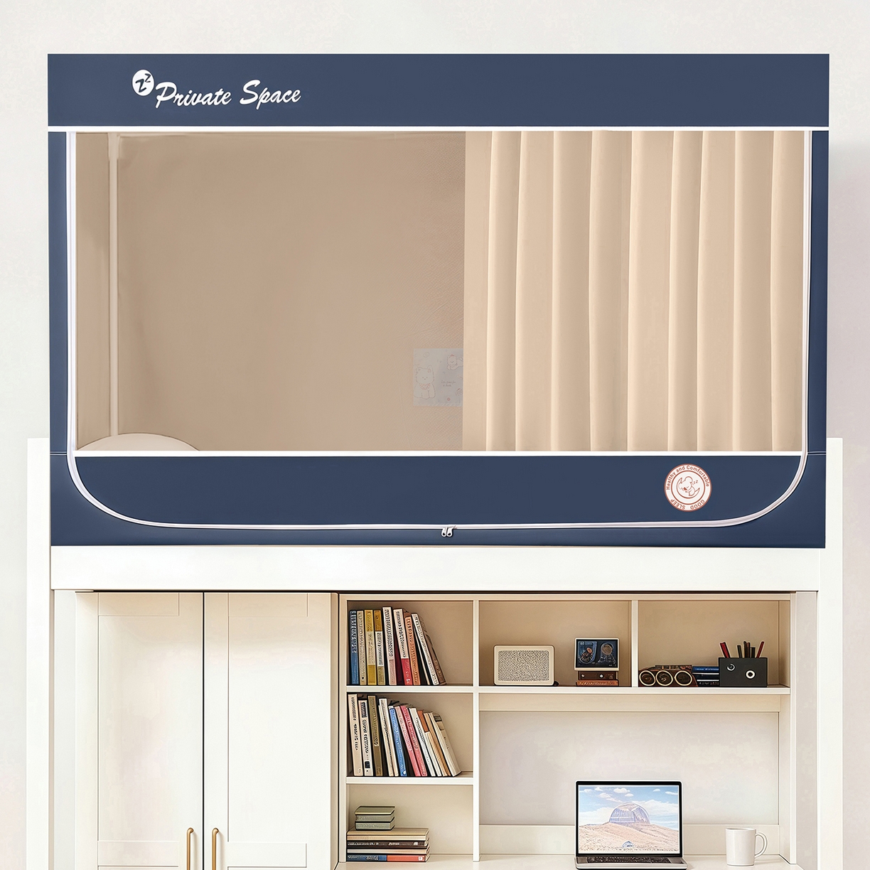 91家纺网 家纺一手货源 找家纺 壹和 2026新款纯物理无涂层无覆膜款遮光防蚊学生坐床蚊帐（场景二） 靛蓝拼米