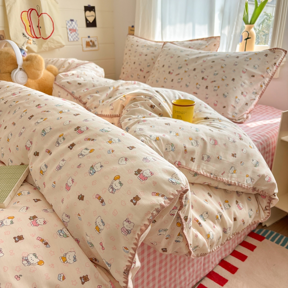 91家纺网 家纺一手货源 找家纺 慕尚家纺 2026春夏新款全棉纯棉印花三角针四件套 甜喵KT