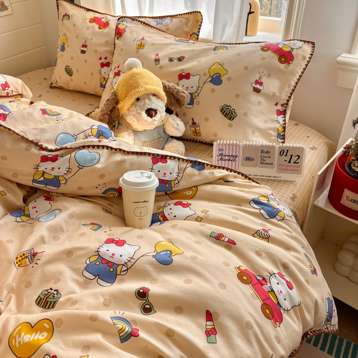 91家纺网 家纺一手货源 找家纺 慕尚家纺 2026春夏新款全棉纯棉印花三角针四件套 凯蒂猫