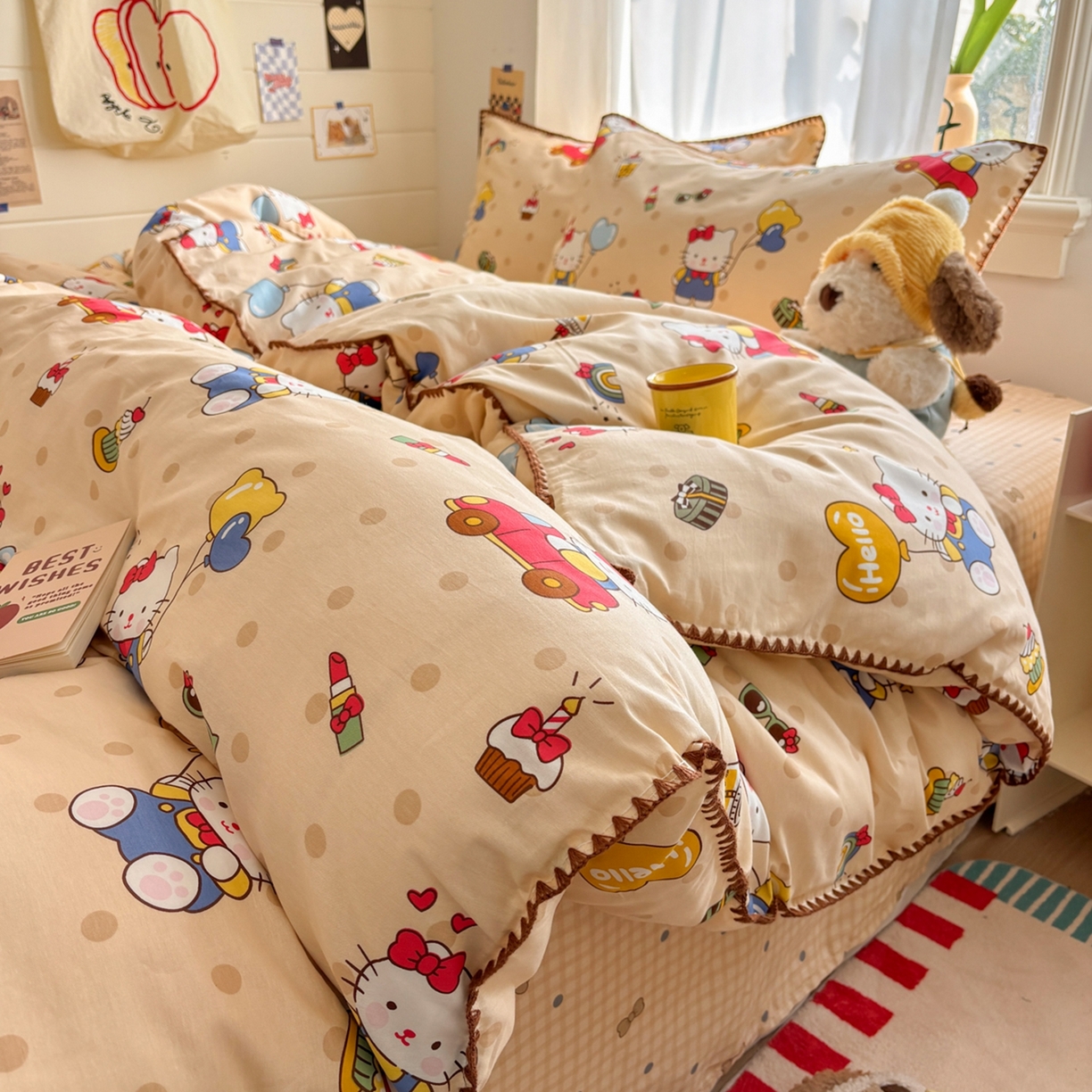 91家纺网 家纺一手货源 找家纺 慕尚家纺 2026春夏新款全棉纯棉印花三角针四件套 凯蒂猫