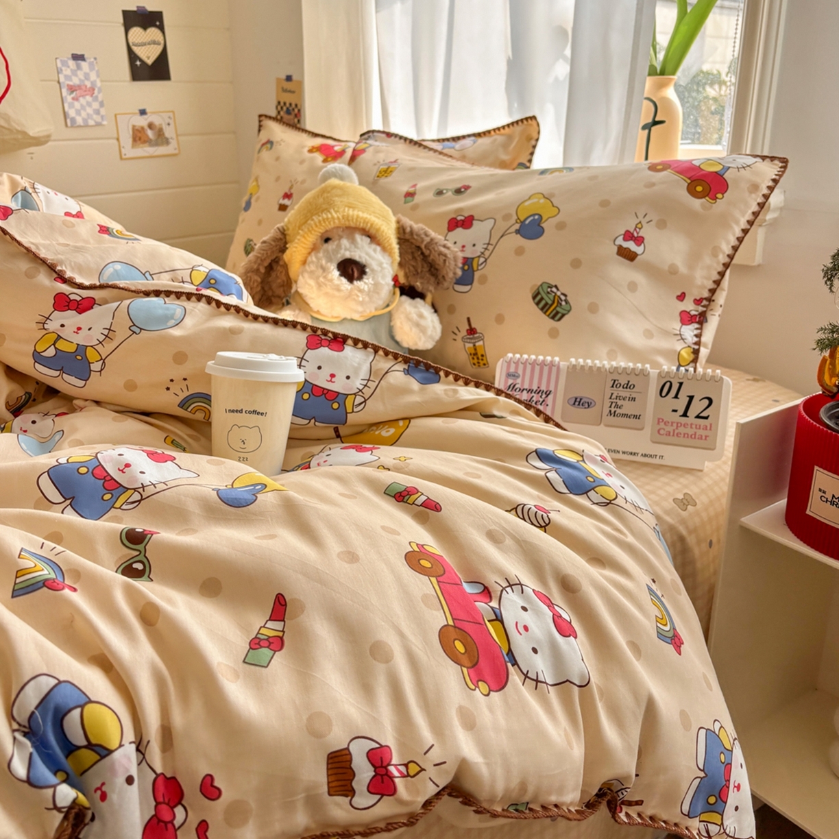 91家纺网 家纺一手货源 找家纺 慕尚家纺 2026春夏新款全棉纯棉印花三角针四件套 凯蒂猫