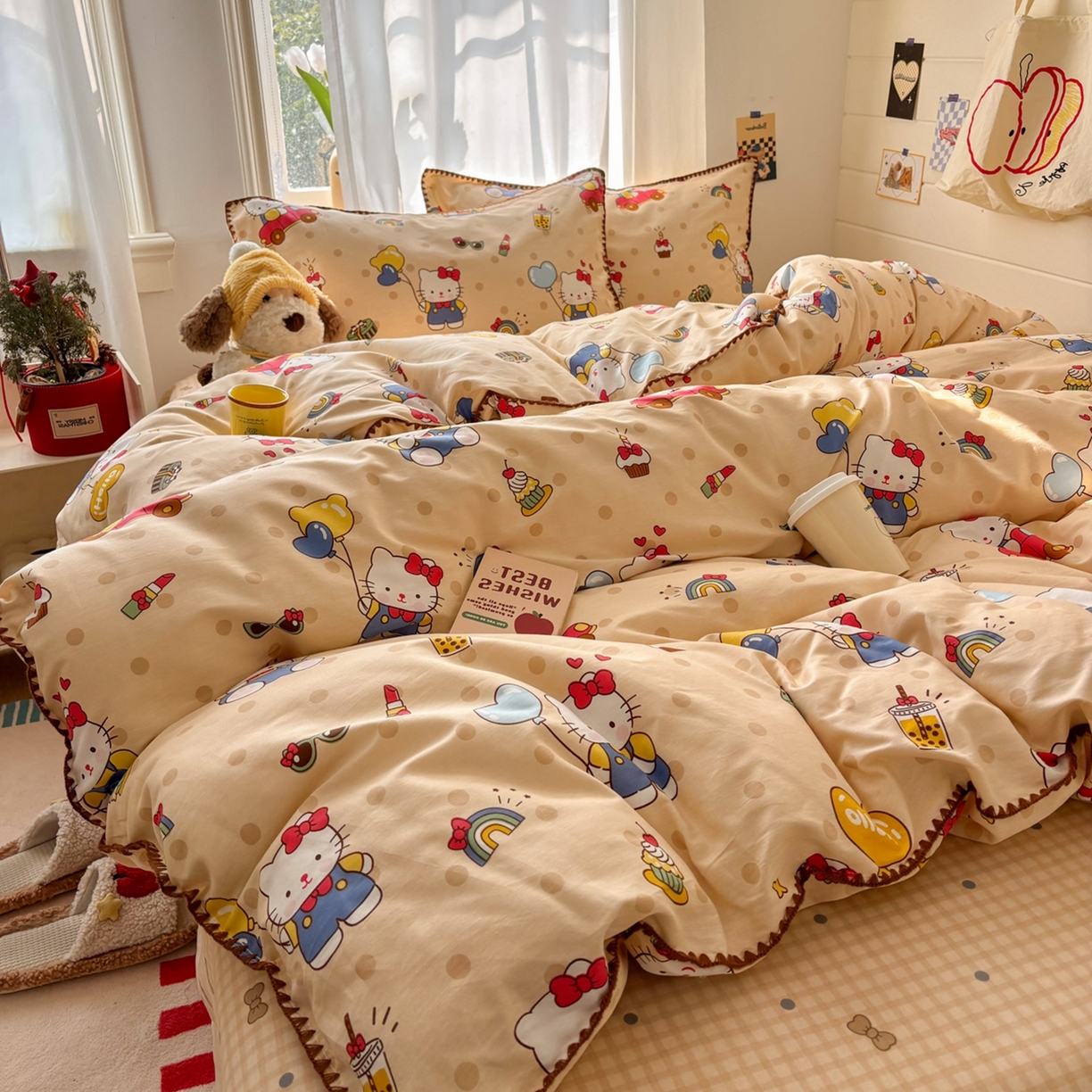 91家纺网 家纺一手货源 找家纺 慕尚家纺 2026春夏新款全棉纯棉印花三角针四件套 凯蒂猫