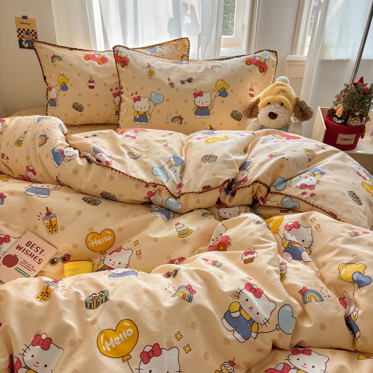 91家纺网 家纺一手货源 找家纺 慕尚家纺 2026春夏新款全棉纯棉印花三角针四件套 凯蒂猫