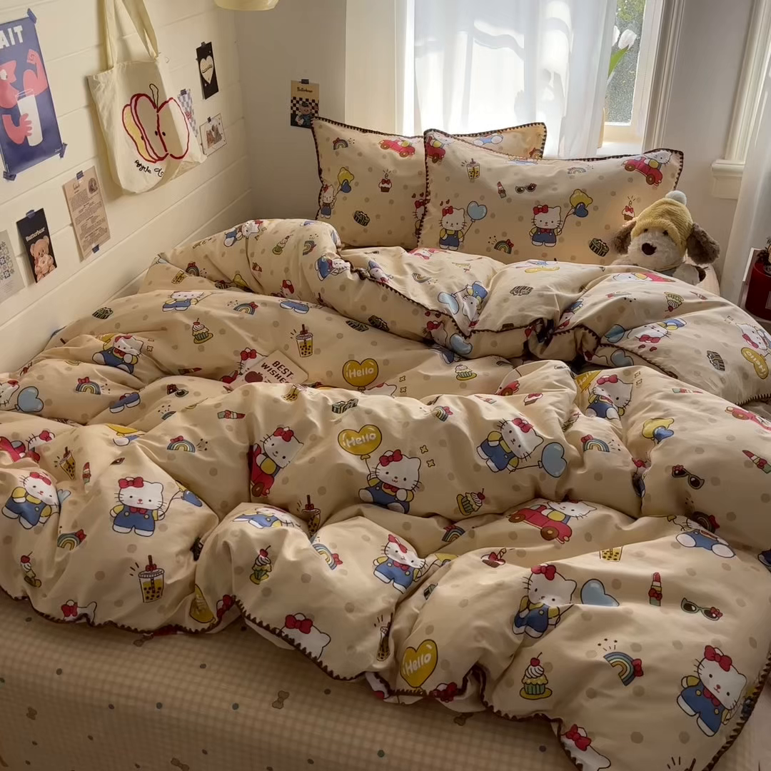 91家纺网 家纺一手货源 找家纺 慕尚家纺 2026春夏新款全棉纯棉印花三角针四件套 凯蒂猫