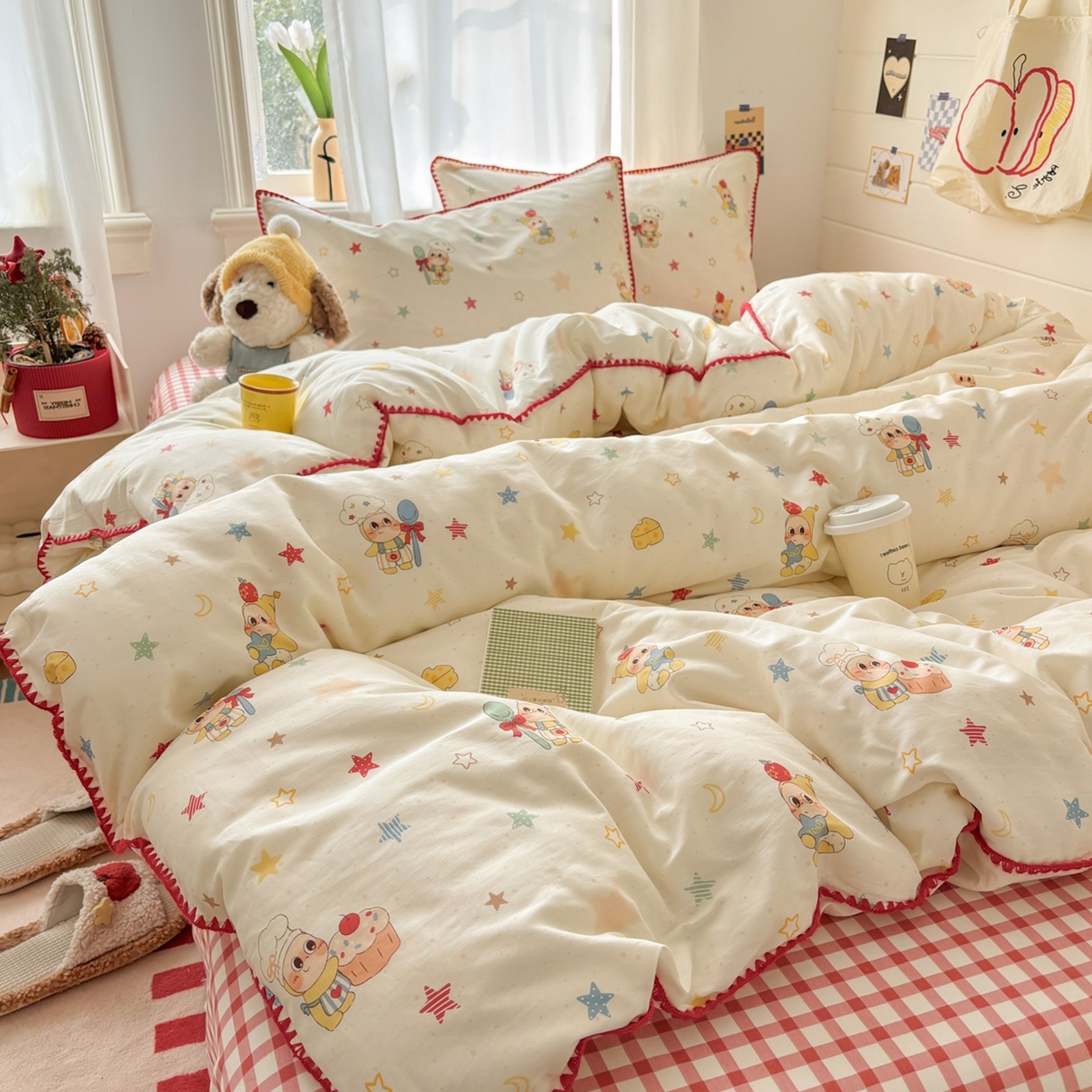 91家纺网 家纺一手货源 找家纺 慕尚家纺 2026春夏新款全棉纯棉印花三角针四件套 可爱星人